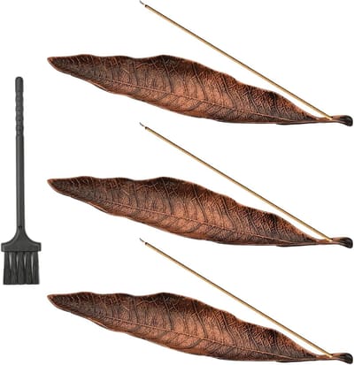 Set van 3 Wierookhouder met Bronzen Bladontwerp, Metalen Asopvang met Mini Bezem, Ideaal voor Meditatie, Yoga en Thuisdecoratie