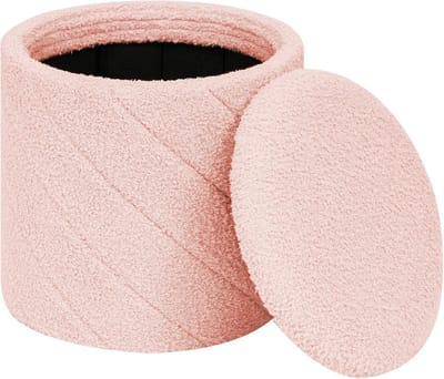 Ronde Opbergkruk met Deksel (33x33x35 cm), Zachte Bouclé Poef en Opvouwbare Voetenbank voor Woonkamer en Slaapkamer