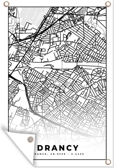 Muurdecoratie Kaart - Plattegrond - Drancy - Frankrijk - Stadskaart - Zwart wit - 120x180 cm - Tuinposter - Tuindoek