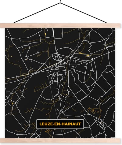 Posterhanger incl. Poster 40x40 cm - Schoolplaat - Leuze-en-Hainaut - Plattegrond - Kaart - Stadskaart - Goud - Textielposter - Blanke latten - Stadskaart