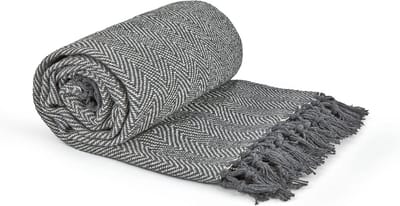 Grote Visgraat Plaid van Gerecycled Katoen voor Bank en Bed in Zilver Grijs