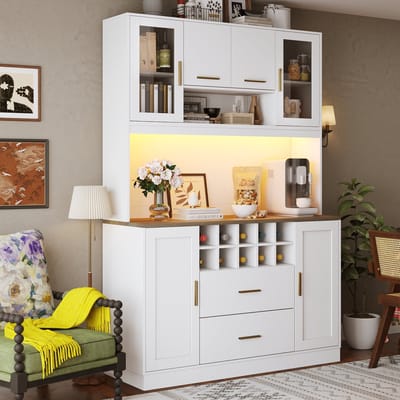 MODENUIT Dressoir - LED En Stopcontacten - 6 Deuren, 2 Laden, Wijnrek Voor Keuken - MDF - 120x36,3x180 Cm - Wit