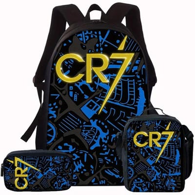 3-delige CR7 Voetbalster Patroon Rugzakset – Casual Rugzak met Grote Capaciteit met Bijpassende Clutch & Tote Bag, Perfect voor Dagelijks black