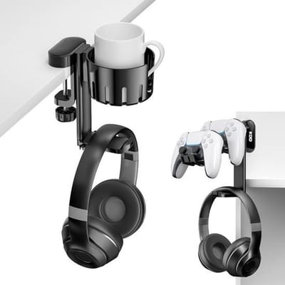 StayPowered Headset & Controller Houder - Perfect voor gaming setups - 3-in-1 design voor headset en controllers - Vervangbare bekerhouder - Krasbestendig - 360° Draaibaar - Eenvoudig te bevestigen - Zwart - Levering Sneller dan Aangegeven!