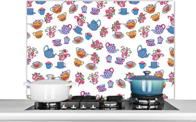 Spatscherm keuken 100x65 cm - Kookplaat achterwand Patronen - Thee - Rozen - Theepot - Muurbeschermer - Spatwand fornuis - Hoogwaardig aluminium