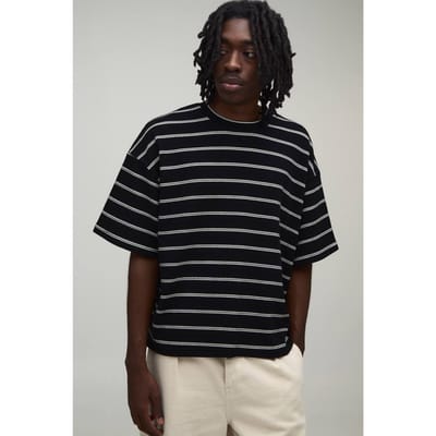Oversized Boxy Gestreept Wafel T-shirt | Black | Size XS