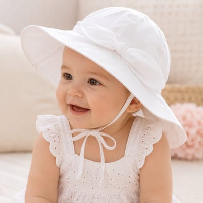 Wit Zonnehoedje Baby Meisje met Strik – Katoenen UV Zomerhoed – Baby & Dreumes Hoedje Maat 48 (6-18 Maanden)