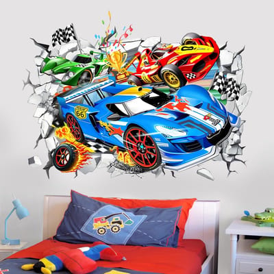 Dailygoods- Muursticker 3D Auto's - Zelfklevende Wanddecoratie - Muurstickers Kinderkamer - Muurstickers Jongens - Muurstickers Speelkamer - Eenvoudig aan te brengen - Wandsticker
