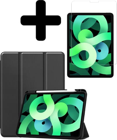 Hoes - Geschikt voor Apple iPad Air 5 (2022) - 10.9 inch - 5e Generatie - M1 - Met Screenprotector - Trifold Bookcase - Hard Cover Case - Met Uitsparing Geschikt voor Apple Pencil - Hardcover Book - Tablet Hoesje - Zwart