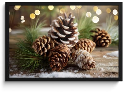 Poster in lijst - Fotolijst 60x40 cm - Posters - Dennenappels - Kerstsfeer - Bruin - Groen - Posterlijst zwart - Decoratie - Wanddecoratie woonkamer - Muurdecoratie slaapkamer - Kerstversiering - Kerstdecoratie voor binnen - Kerstmis