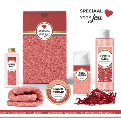 Geschenkset "Speciaal voor jou" - 5 producten - 600 gram - Triomf Cosmetica | Giftset voor haar Luxe wellness cadeaubox Cadeaupakket Valentijn Cadeau Vrouw Vriendin Zus Moeder Moederdag Geschenk Verjaardag Kerstpakket Kerstcadeau Verwenpakket Roze