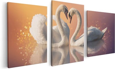 Artaza Canvas Schilderij Drieluik Zwanen Koppel in een Hart Vorm - 120x60 - Foto Op Canvas - Canvas Print