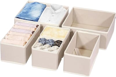 Famanu – Opvouwbare lade-organizer set (6 stuks) – Kast- en lade-opbergdozen voor sokken, bh’s, slips, dassen en sjaals – Ruimtebesparend kledingopbergsysteem – Crème