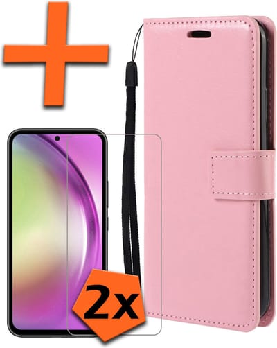 Hoes - Met 2x Screenprotector - Geschikt voor Samsung Galaxy A54 - Luxe Pasjeshouder - Bookcase Portemonee - Flip Case - Kunstleer Book Case - Flipcase Hoes - Book Cover - Walletcase - PortemonneeHoes - Lichtroze