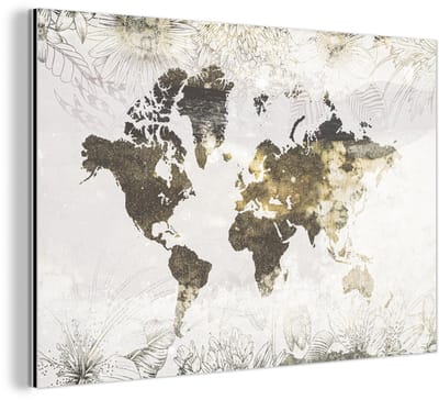 Aluminium schilderij 150x100 cm - Wanddecoratie metaal - Wereldkaart - Bloemen - Goud - Metalen muurdecoratie woonkamer - Decoratie industrieel - Foto op dibond - Industriële accessoires slaapkamer