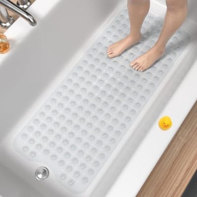 PromoHome Antislip Badmat Extra Groot 100x40 cm - Douchemat met Zuignappen en Afvoergaten - Anti-Schimmel Machinewasbare Badkamer Mat - Zacht PVC Materiaal - Transparant