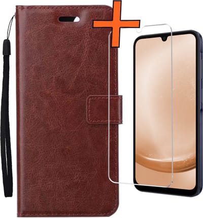 Hoes - Met Screenprotector - Geschikt voor Samsung Galaxy A25 - Luxe Pasjeshouder - Bookcase Portemonee - Flip Case - Kunstleer Book Case - Flipcase - Book Cover - Walletcase - PortemonneeHoes - Bruin