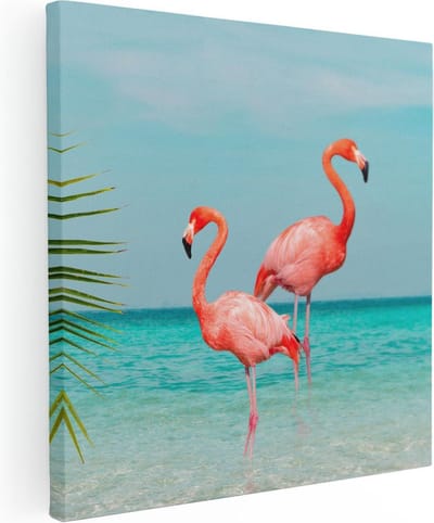 Artaza Canvas Schilderij Strand En Zee - 30x30 cm - Klein - Wanddecoratie Flamingo - Muurdecoratie Tropisch - Schilderijen Op Canvas
