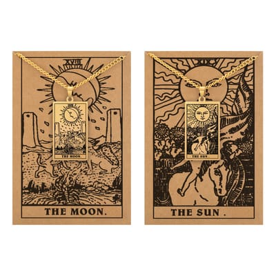 Tarot Ketting 18 | 19 bundel - Zon & Maan - Goudkleurig Stainless Steel - Inclusief Rider-Waite Kaartjes - 60cm - Pax Amare