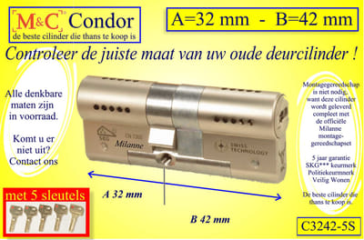 M&C Conder high-tech security deurcilinder 32x42 mm MET 5 SLEUTELS - SKG*** - Politiekeurmerk Veilig Wonen  -  inclusief MilaNNE gereedschap montageset