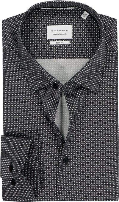 ETERNA slim fit overhemd - twill - zwart met grijs en wit dessin - Strijkvrij - Boordmaat: 42 (EU maat: L)