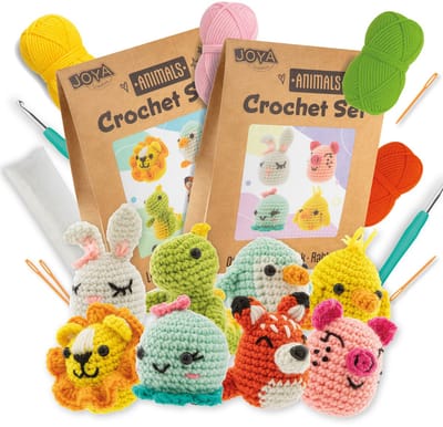 Haakpakket Dieren 8pcs – DIY Haakset voor Volwassenen – Inclusief ergonomische breinaalden – Octopus, Varken, Kuikentje, Konijn, Leeuw, Pinguïn, Dino en Vosje Amigurumi - Starters Set Voor Volwassenen - Joya Creative