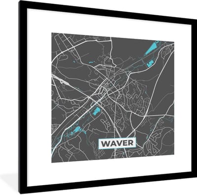 Fotolijst incl. Poster - België – Waver – Stadskaart – Kaart – Blauw – Plattegrond - 40x40 cm - Posterlijst