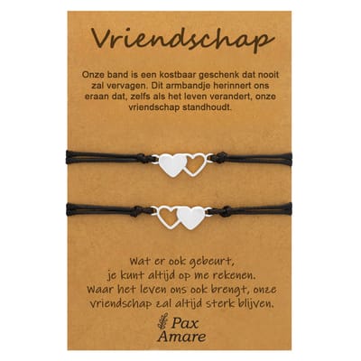 Vriendschapsarmbandjes voor 2 "Vriendschap" - Hartjes - BFF Armbandjes met Cadeau Kaartje - Zilverkleurig - Elastisch Verstelbaar - Pax Amare