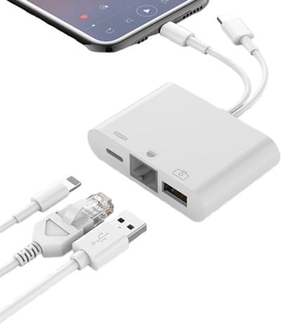3 IN 1 8-Pin + USB-C naar Ethernet (RJ45) + USB Female + 8-Pin Female - internet adapter kabel hub - geschikt voor o.a. iPhone en laptop - wit