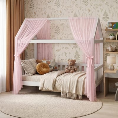 Omgoods - House Bed Sky 2-delige Muslin Bedluifel voor Kinderen - Roze 150 x 350 cm