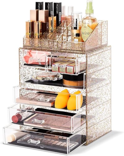 Sorbus Transparante cosmetische make-up organizer - make-up en sieraden opslag, koffer en display - ruim ontwerp - geweldige houder voor dressoir, badkamer, ijdelheid en aanrecht (4 grote, 2 kleine