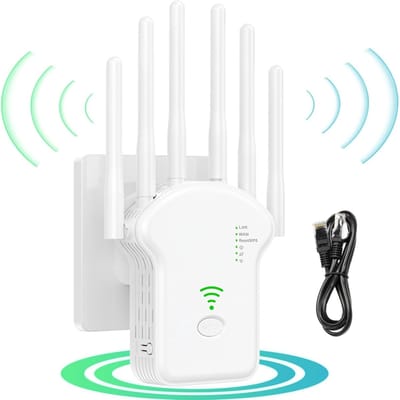 WiFi Versterker-wifi versterker stopcontact-1200 Mbps -wifi versterkers-WiFi-extender met 6 antennes voor een bredere dekking-Eenvoudig in te stellen WiFi-repeater-Inclusief 90cm ethernetkabel-wit