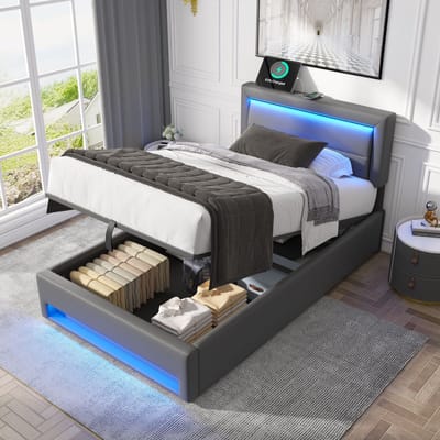 Sweiko Gestoffeerd bed 90 x 200 cm, met USB-poort (ondersteunt draadloos en bedraad opladen), met LED-verlichting en opslagruimte, zonder matras, PU lychee patroon