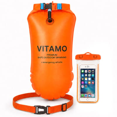 VITAMO™ Zwemboei met Drybag & Ingebouwd Noodfluitje – 20L Veiligheidsboei voor Open Water Zwemmen & Triatlon – Inclusief Waterdichte Telefoonhoes