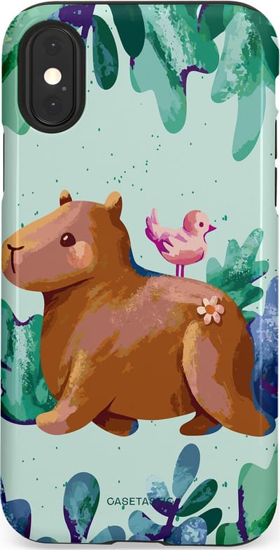 Casetastic Hoesje Geschikt voor Apple iPhone X/Xs - Stijlvolle Beschermende Duo-layer Case - Capibara Vogeltjes Vriend