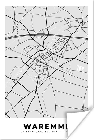 Poster Stadskaart – Zwart Wit - Kaart – Waremme – België – Plattegrond - 120x180 cm XXL
