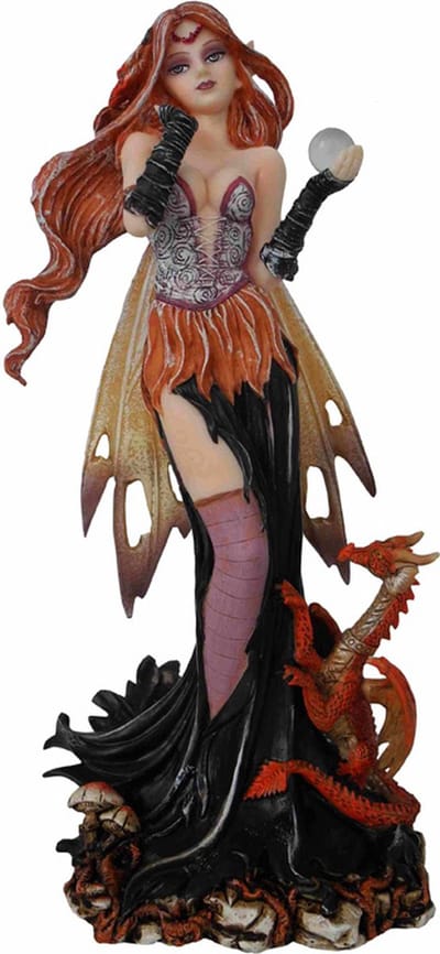 Beeldje Fantasy - Vurige Boself met Glazenbol & Rood Draakje - Medium - Polyresin - 23x10,5cm