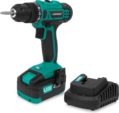 VONROC Accuboormachine 20V – 19 schroefstanden + boorstand - Incl. 2 bits - Incl. 4.0Ah Accu en snellader