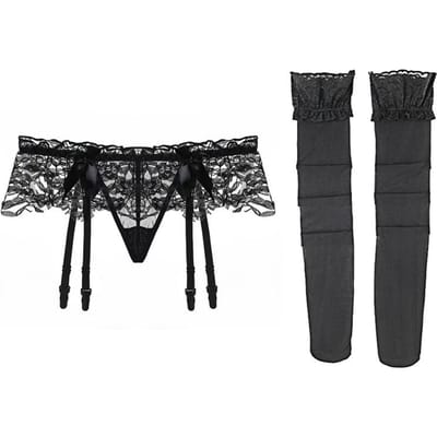 Zwart Roze Rood Wit Kant Strik Kousenband Ondergoed en Kousen Set Vrouwen Sexy Dun Transparant Bruiloft Kousenbanden Jarretelgordel One Size black