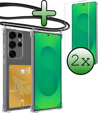 Hoes Geschikt voor Samsung S25 Ultra Hoesje Pas Houder Shock Proof Case Hoes Met Koord Met 2x Screenprotector - Hoesje Geschikt voor Samsung Galaxy S25 Ultra Hoes Met Telefoonkoord Pasjeshouder Cover - Transparant
