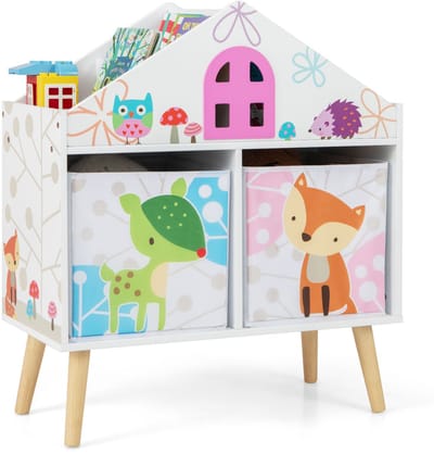 COSTWAY Kinderrek, boekenrek voor kinderen, met 2 opbergdozen, houten speelgoedkist voor kinderkamer, speelkamer, 62 x 30 x 72 cm