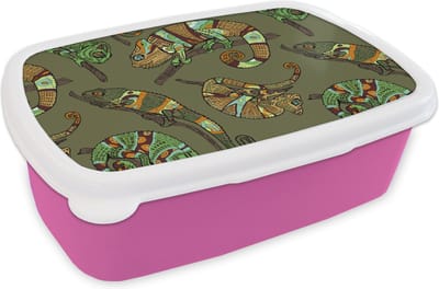 Broodtrommel Roze - Lunchbox - Brooddoos - Patroon - Jungle - Kameleons - 18x12x6 cm - Kinderen - Meisje