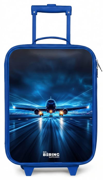 NoBoringSuitcases.com® - Kinderkoffer blauw - Kindertrolley jongen - Vliegtuig opstartend in futuristisch nachtlandschap - Koffer kind lichtgewicht - Reiskoffer trolley voor kinderen - Koffertje met lichtgevende wieltjes - Rolkoffer