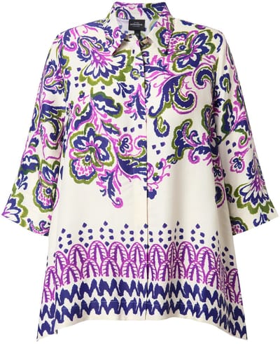 Ulla Popken - Dames - Blouse paisley A-lijn overhemdkraag 3/4-mouwen - Off-white - Maat 58+