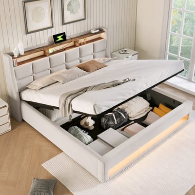 Sweiko Gestoffeerd bed met USB 160x200cm, LED Verlichting Eenpersoonsbed, Met Opbergruimte,Beige, Metalen frame Vlak noedelsframe, linnen bedstead jeugdbed (zonder matras)