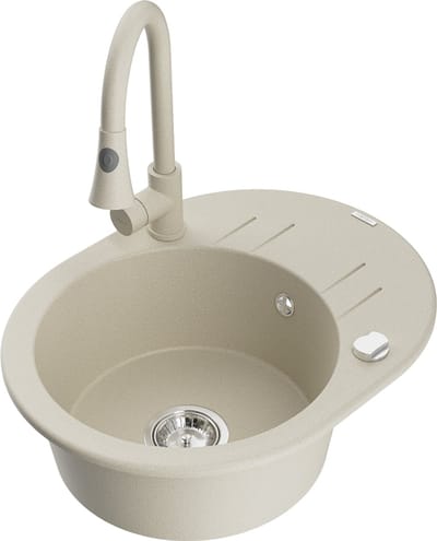 Mexen Kevin granieten spoelbak 1-komor met afdruiprek en keukenkraan Elia, beige - 6517-69-670101-69