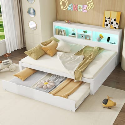 COVREO Slaapbank 140x200 cm wit, LED, USB, opbergruimte, zonder matras