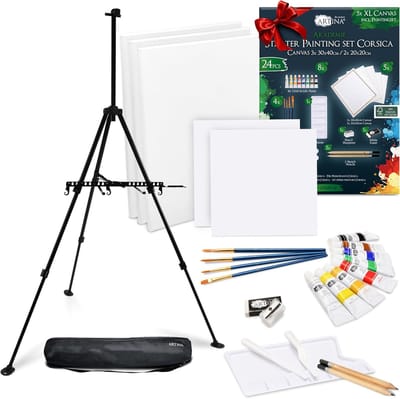 Artina 24-delig Acrylverf Set met Aluminium Schildersezel Paris + 5 Canvasdoeken Kunstenaars-Kit Corsica voor Beginners & Hobbyisten, Draagbaar & Opvouwbaar, Inclusief Penselen & Verf