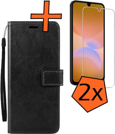 Hoes - Met 2x Screenprotector - Geschikt voor Samsung Galaxy A26 - Luxe Pasjeshouder - Bookcase Portemonee - Flip Case - Kunstleer Book Case - Flipcase Hoes - Book Cover - Walletcase - PortemonneeHoes - Zwart