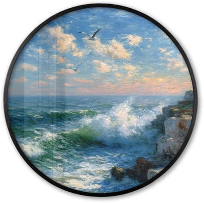 Poster in lijst Rond - Fotolijst 60x60 cm - Posters - Zee - Golven - Rotsen - Meeuwen - Ronde posterlijst zwart - Decoratie - Wanddecoratie woonkamer - Muurdecoratie slaapkamer
